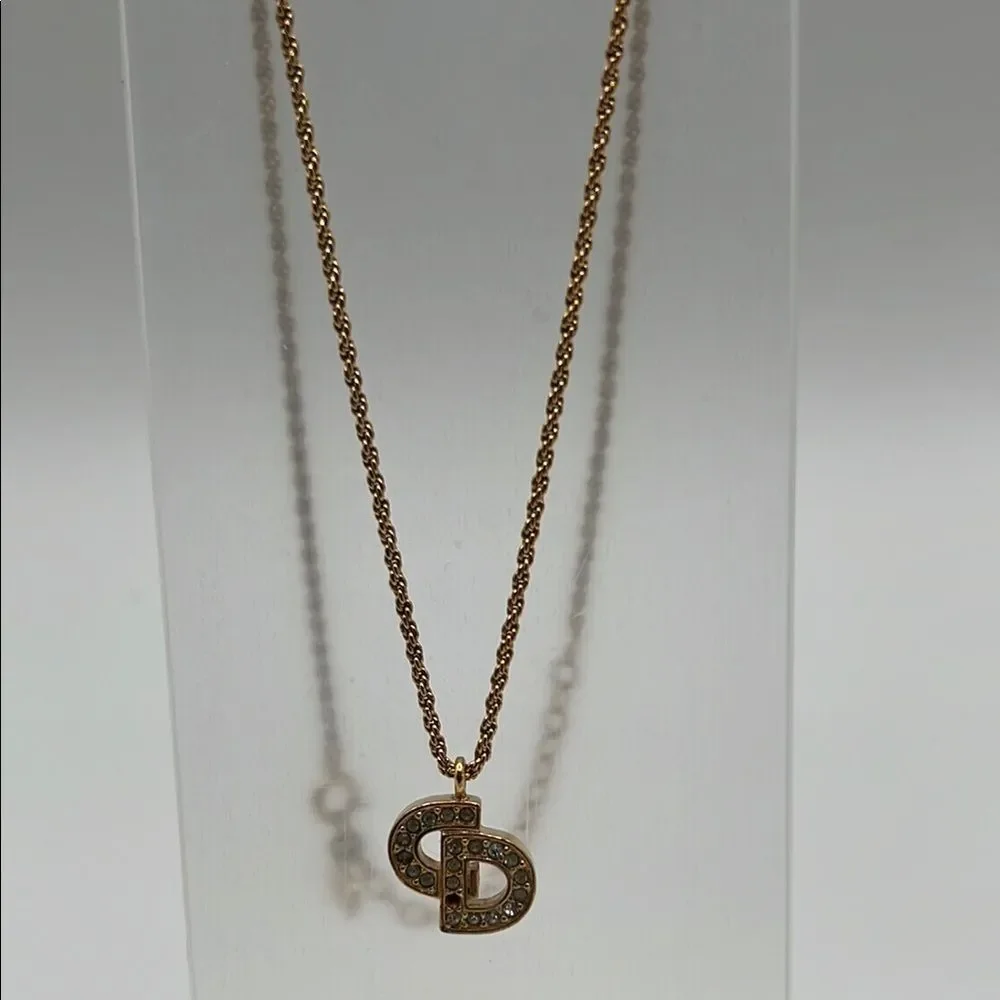 CHRISTIAN DIOR VINTAGE "CD" CRYSTAL CHARM GOLD NECKLACE - Picture 1 of 6